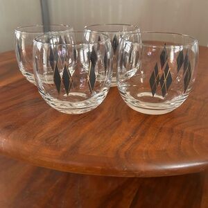 Vintage Mid Century Argyle black diamond Atomic Roly Poly low ball bar glasses